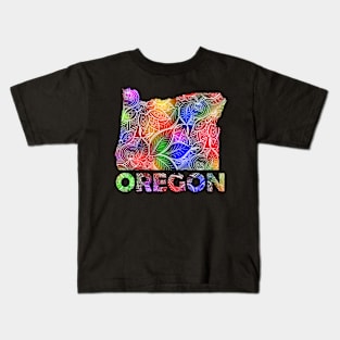 Colorful mandala art map of Oregon with text in multicolor pattern Kids T-Shirt